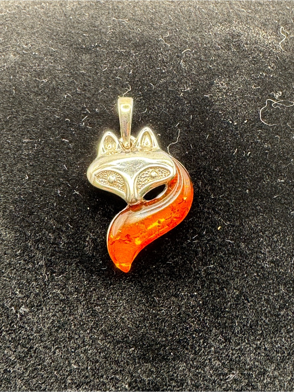 Sterling Silver Fox Pendant Necklace with Orange Amber Tail